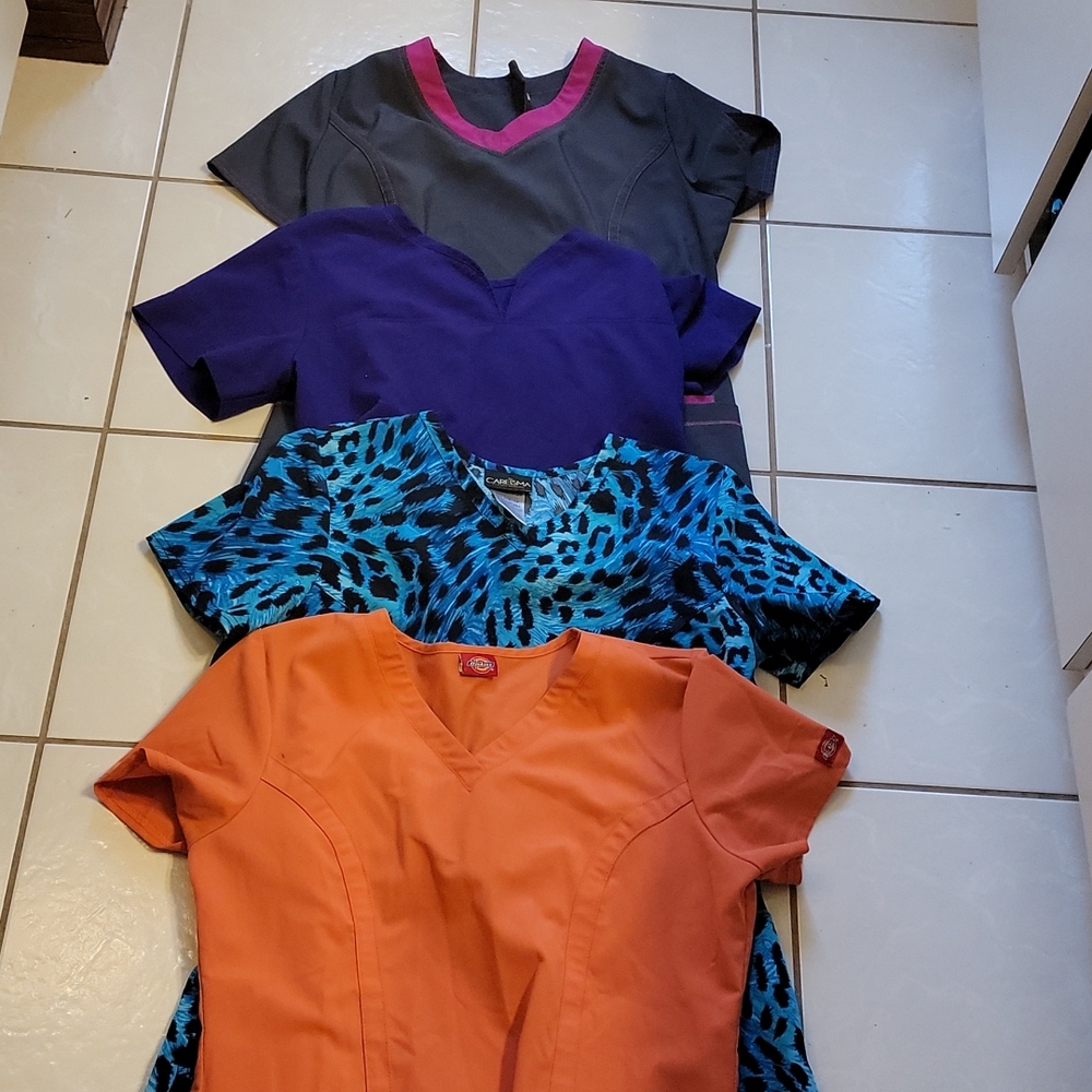 XSmall to medium sized scrub tops, some taken in in back to be form fitting